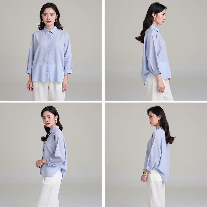 Women's Light Blue Baggy Linen Button-Down Shirt - Oversized Long Sleeve Casual Shirt