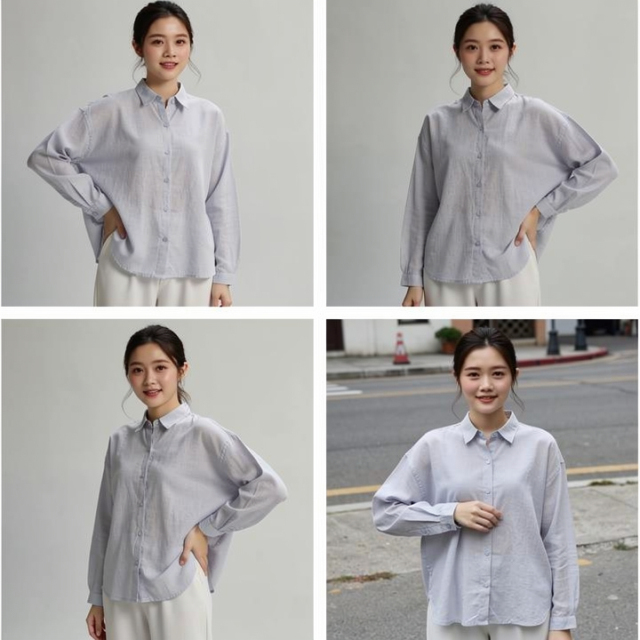 Women's Light Blue Baggy Linen Button-Down Shirt - Oversized Long Sleeve Casual Shirt
