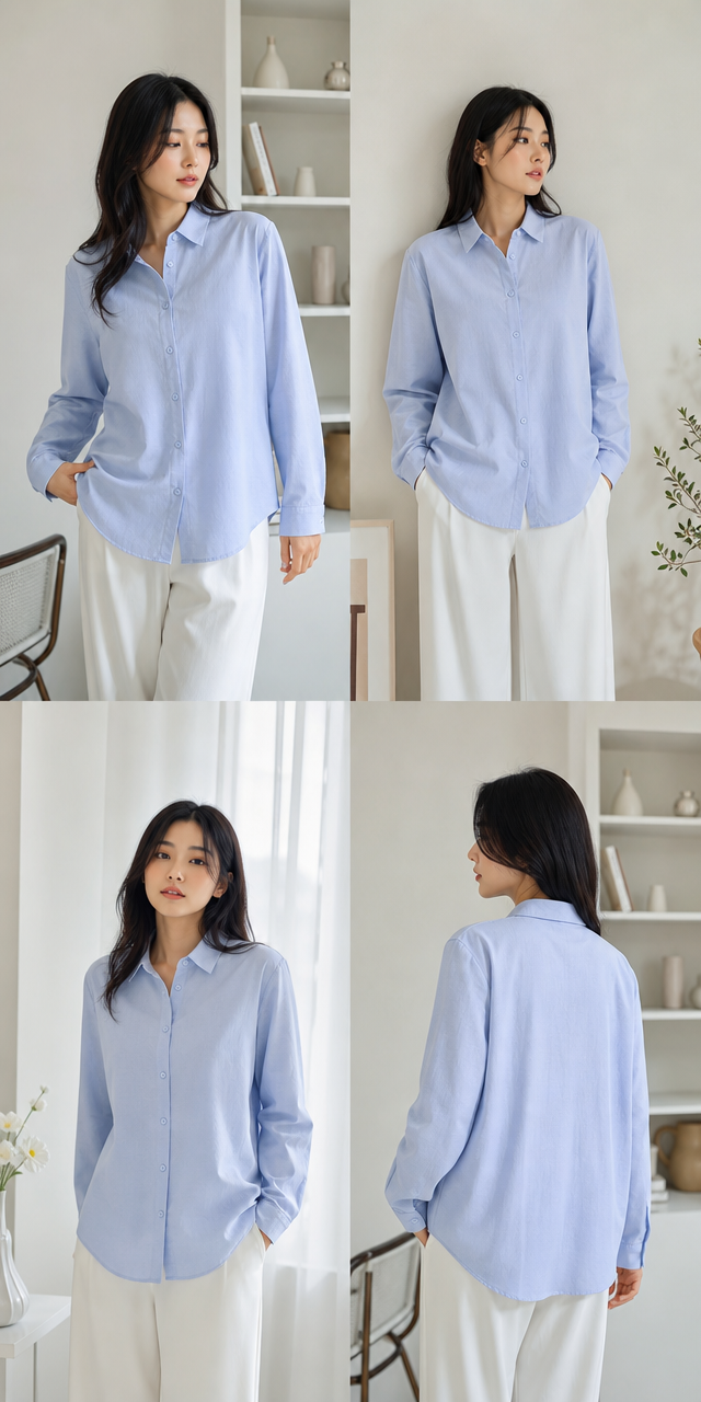 Women's Light Blue Baggy Linen Button-Down Shirt - Oversized Long Sleeve Casual Shirt