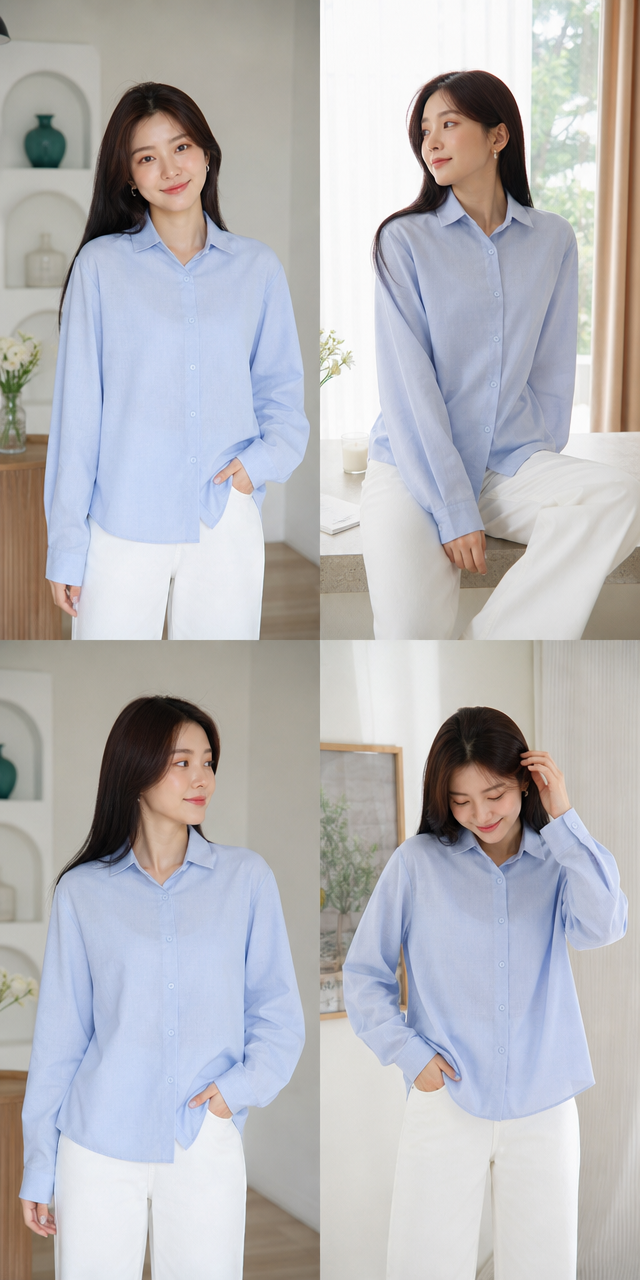 Women's Light Blue Baggy Linen Button-Down Shirt - Oversized Long Sleeve Casual Shirt