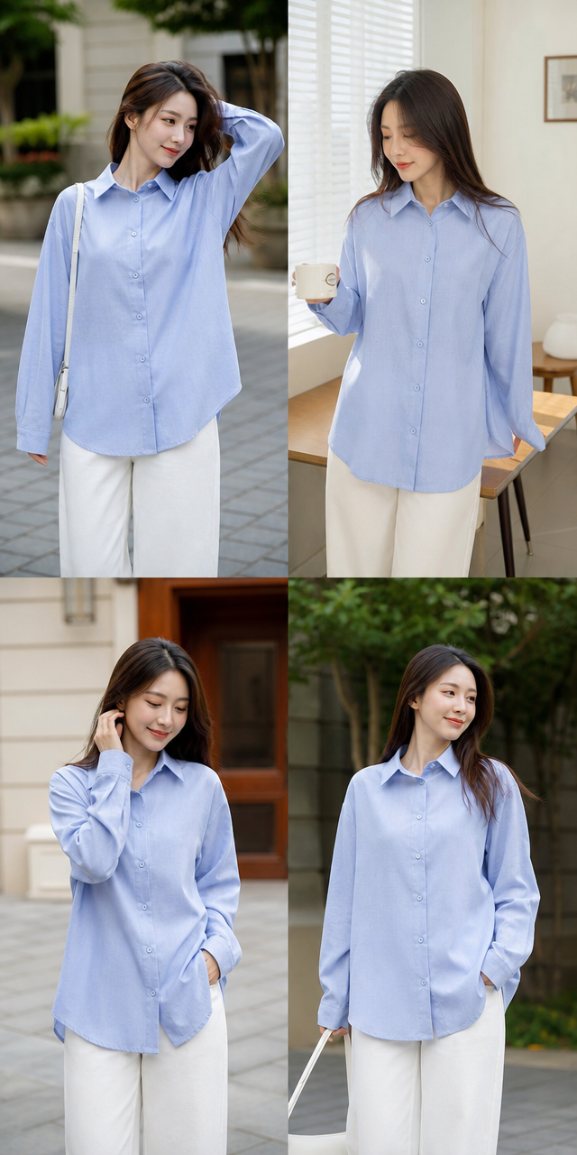 Women's Light Blue Baggy Linen Button-Down Shirt - Oversized Long Sleeve Casual Shirt