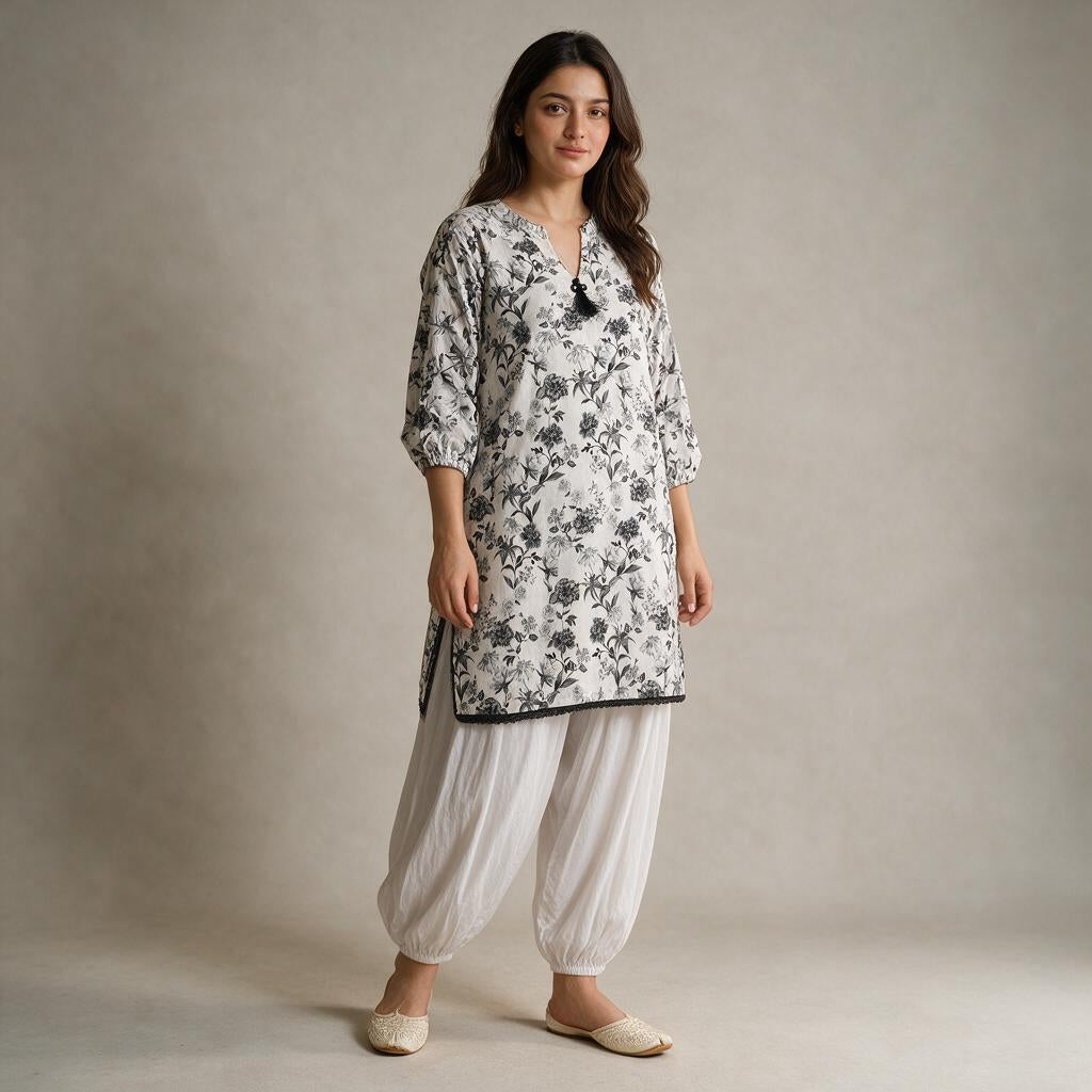 Monochrome Floral Lawn Cotton 2-Piece Set – Printed Tunic & Balloon Shalwar Suit