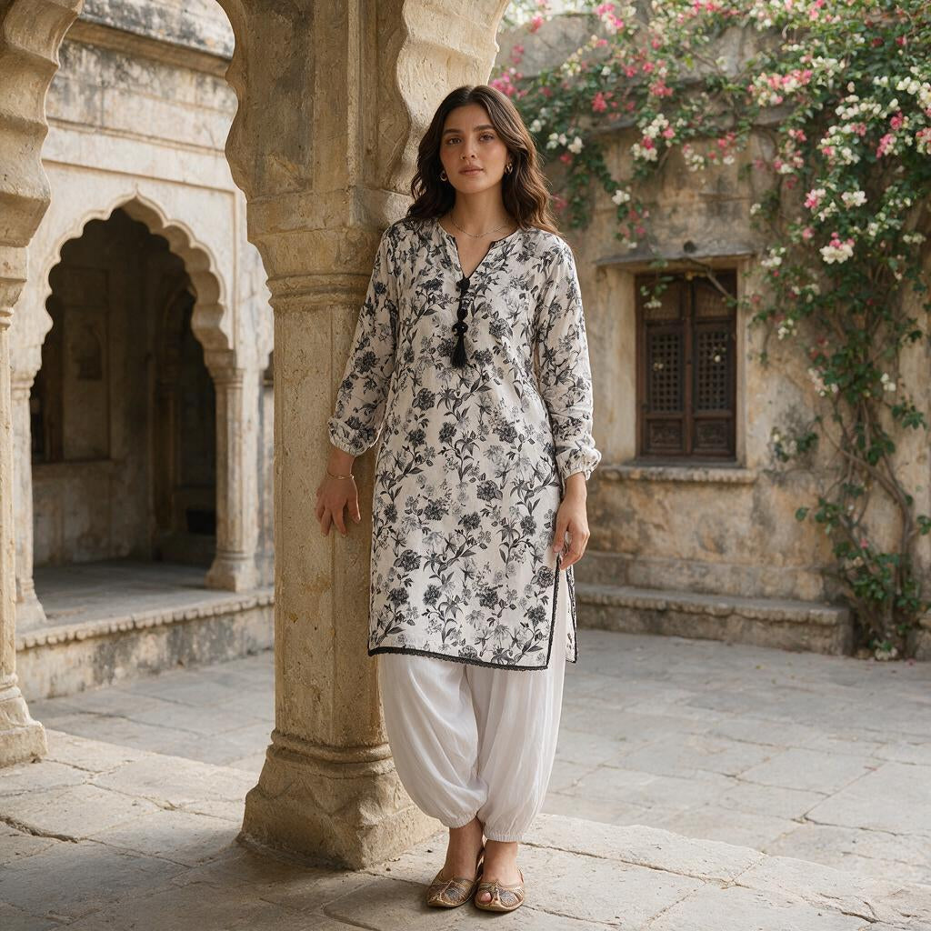 Monochrome Floral Lawn Cotton 2-Piece Set – Printed Tunic & Balloon Shalwar Suit