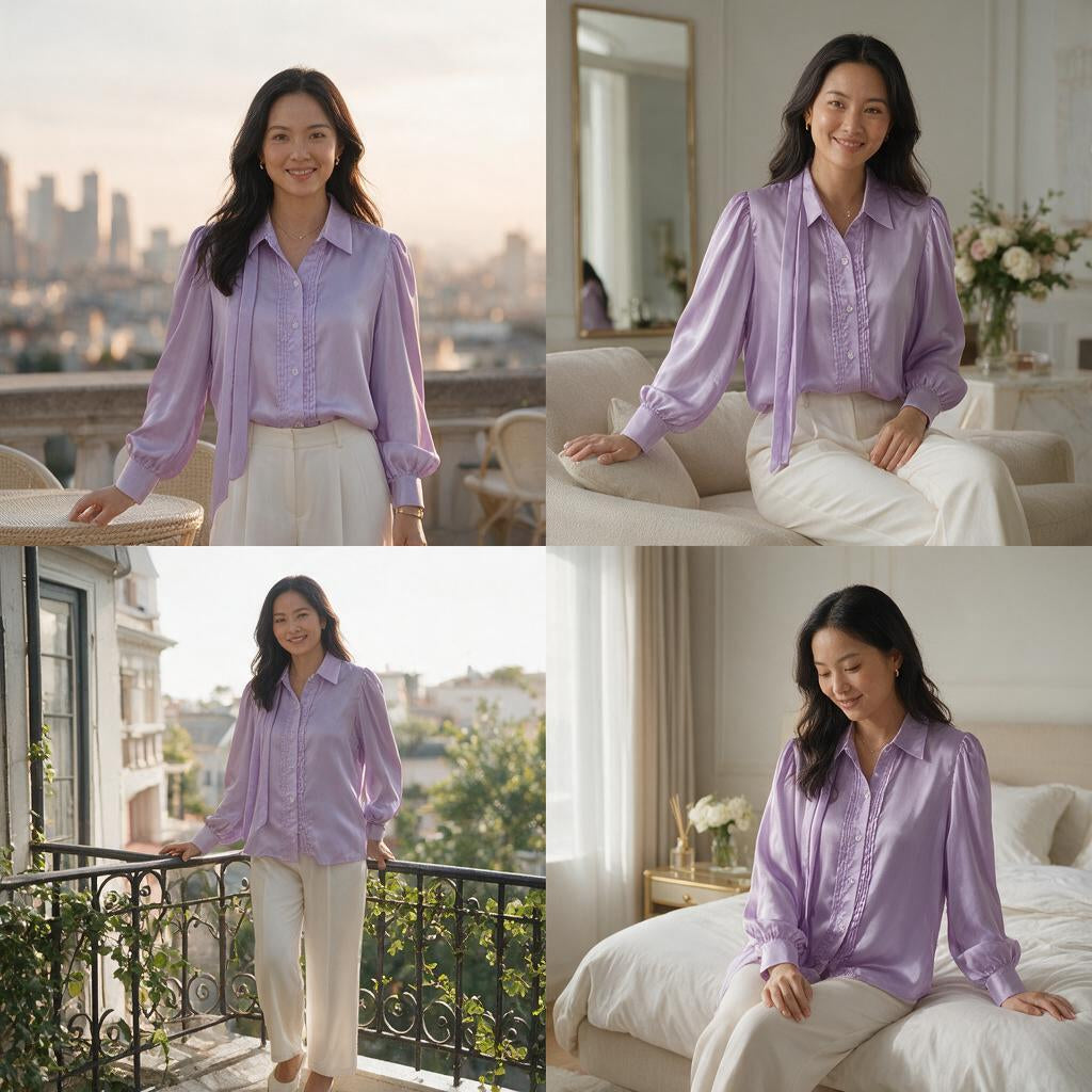 Elegant Lavender Pleated Satin Shirt for Women - Puff Sleeve Button-Down Top