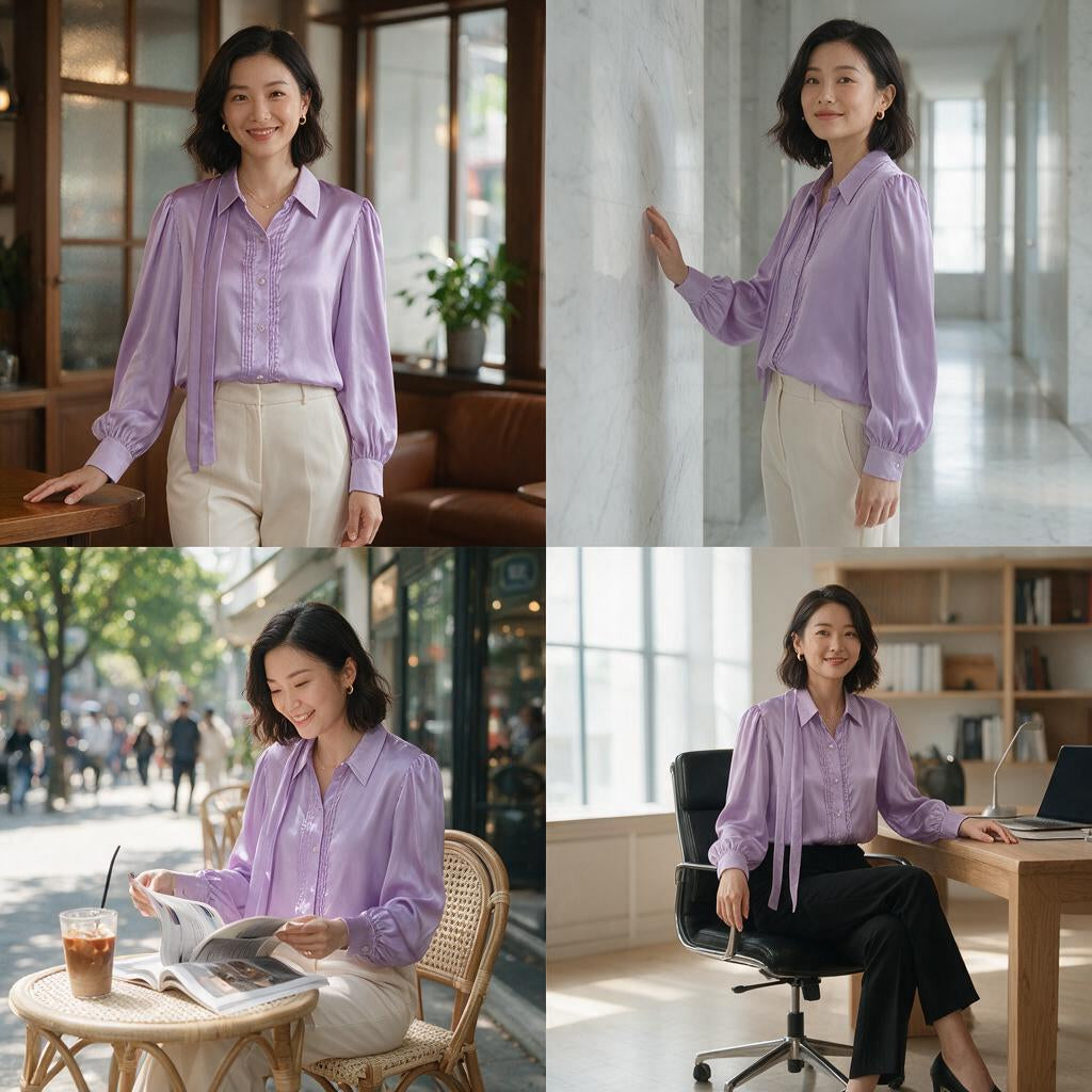 Elegant Lavender Pleated Satin Shirt for Women - Puff Sleeve Button-Down Top