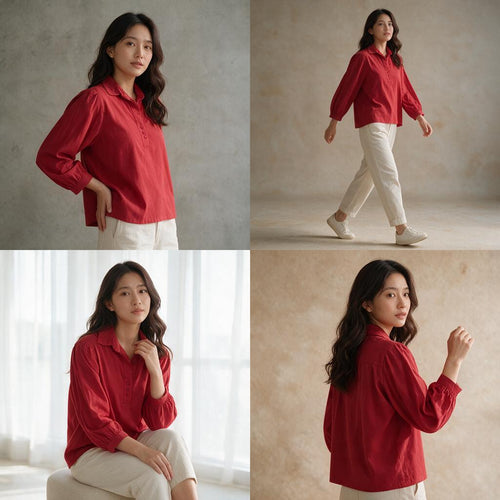 Crimson Lawn Cotton Henley Blouse – Elegant Balloon Sleeve Top