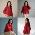 Crimson Lawn Cotton Henley Blouse – Elegant Balloon Sleeve Top