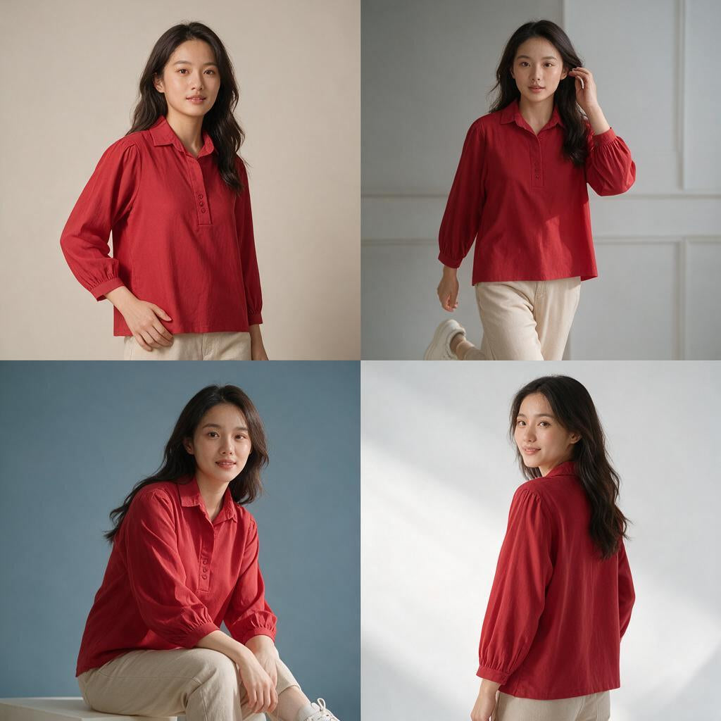Crimson Lawn Cotton Henley Blouse – Elegant Balloon Sleeve Top