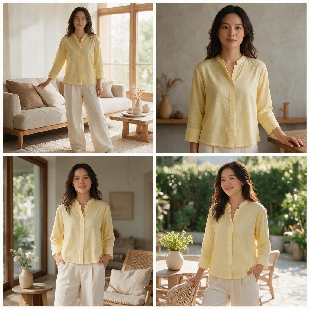 Primrose Yellow Mandarin Collar Shirt – Lightweight Lawn Cotton Blouse