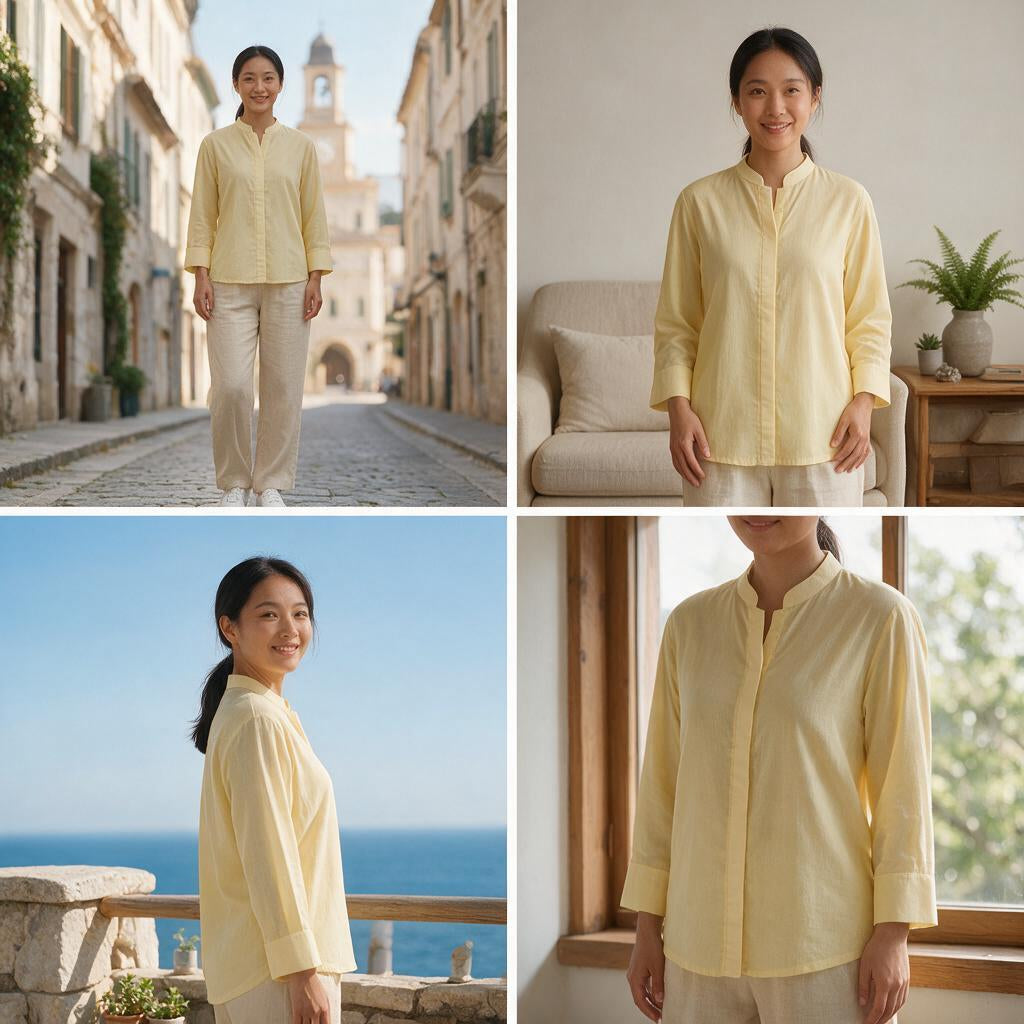 Primrose Yellow Mandarin Collar Shirt – Lightweight Lawn Cotton Blouse