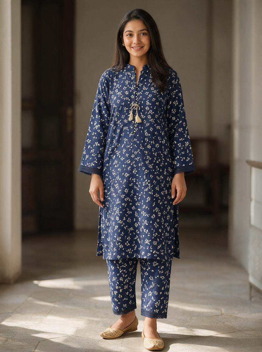 Indigo Floral Lace-Trimmed 2-Piece Co-ord Set – Lawn Cotton Kurta & Trouser Suit