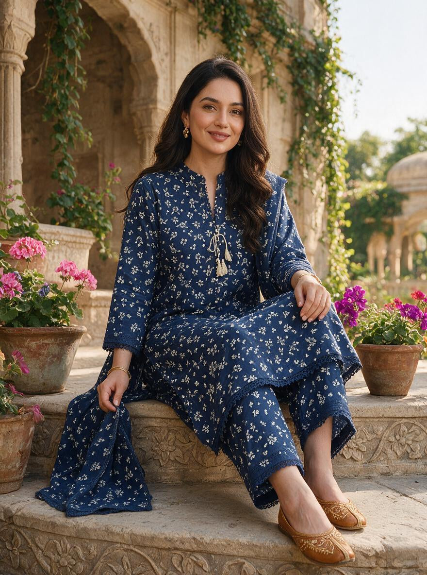Indigo Floral Lace-Trimmed 2-Piece Co-ord Set – Lawn Cotton Kurta & Trouser Suit