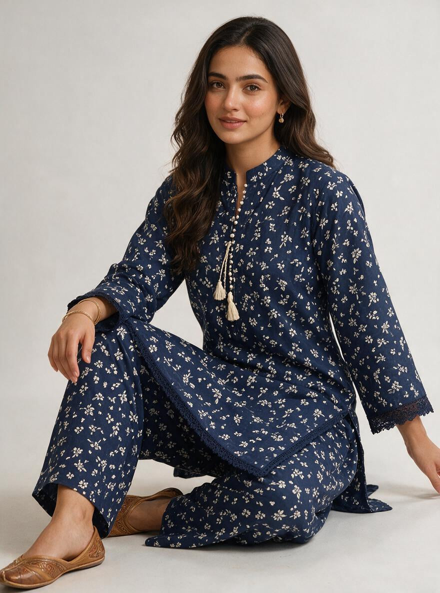 Indigo Floral Lace-Trimmed 2-Piece Co-ord Set – Lawn Cotton Kurta & Trouser Suit