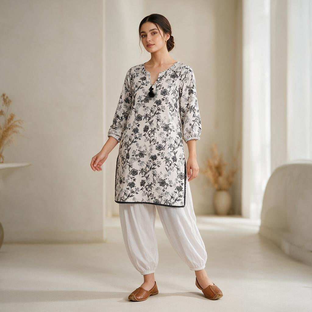 Monochrome Floral Lawn Cotton 2-Piece Set – Printed Tunic & Balloon Shalwar Suit