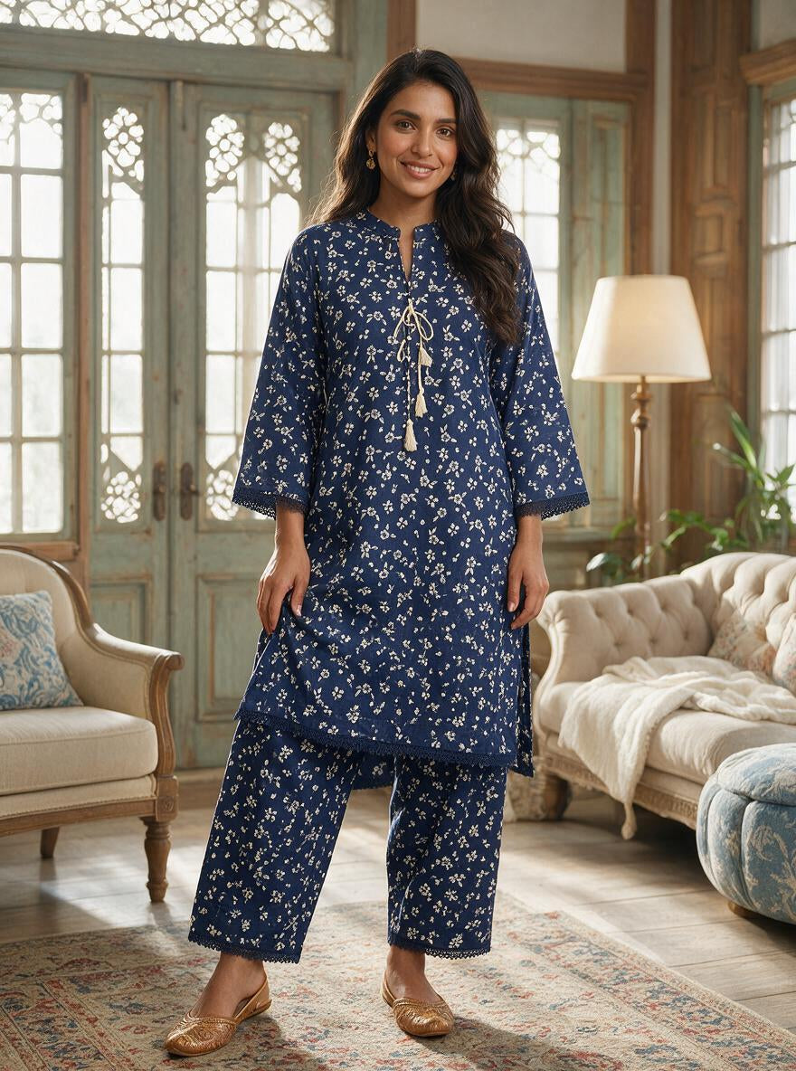 Indigo Floral Lace-Trimmed 2-Piece Co-ord Set – Lawn Cotton Kurta & Trouser Suit