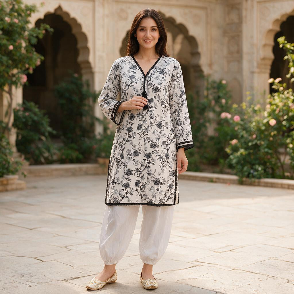 Monochrome Floral Lawn Cotton 2-Piece Set – Printed Tunic & Balloon Shalwar Suit