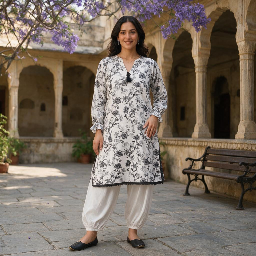 Monochrome Floral Lawn Cotton 2-Piece Set – Printed Tunic & Balloon Shalwar Suit