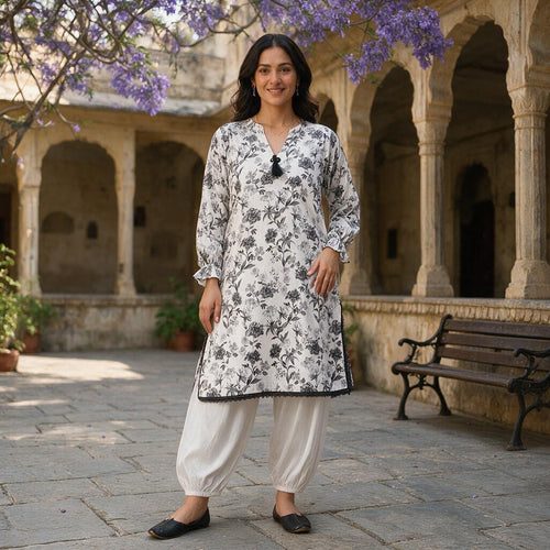 Monochrome Floral Lawn Cotton 2-Piece Set – Printed Tunic & Balloon Shalwar Suit
