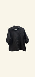 Black Winter Cotton Button-Down Shirt – Puff Sleeve Top