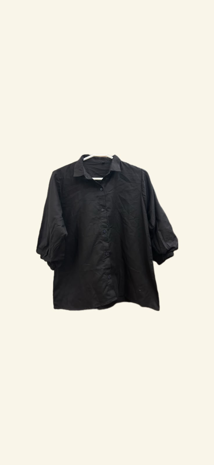 Black Winter Cotton Button-Down Shirt – Puff Sleeve Top