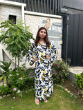 Abstract Print Linen Kaftan Dress – Monochrome & Mustard Long Linen Maxi