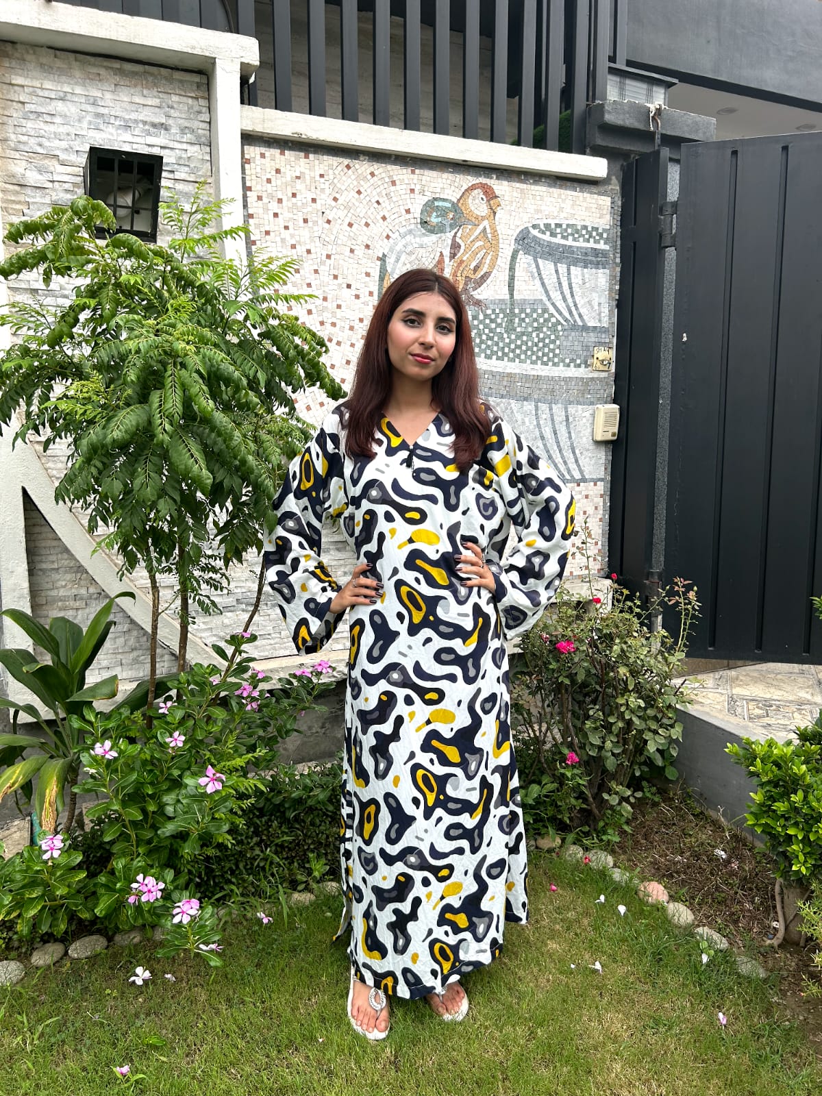 Abstract Print Linen Kaftan Dress – Monochrome & Mustard Long Linen Maxi