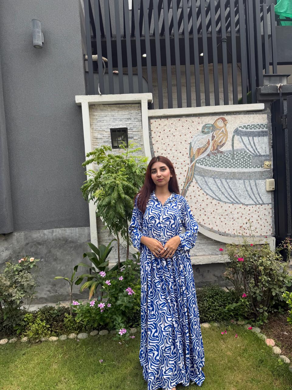 Blue & White Swirl Printed Long Frock – Collar Neck Maxi Dress