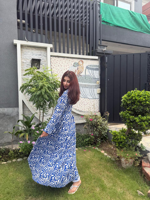 Blue & White Swirl Printed Long Frock – Collar Neck Maxi Dress