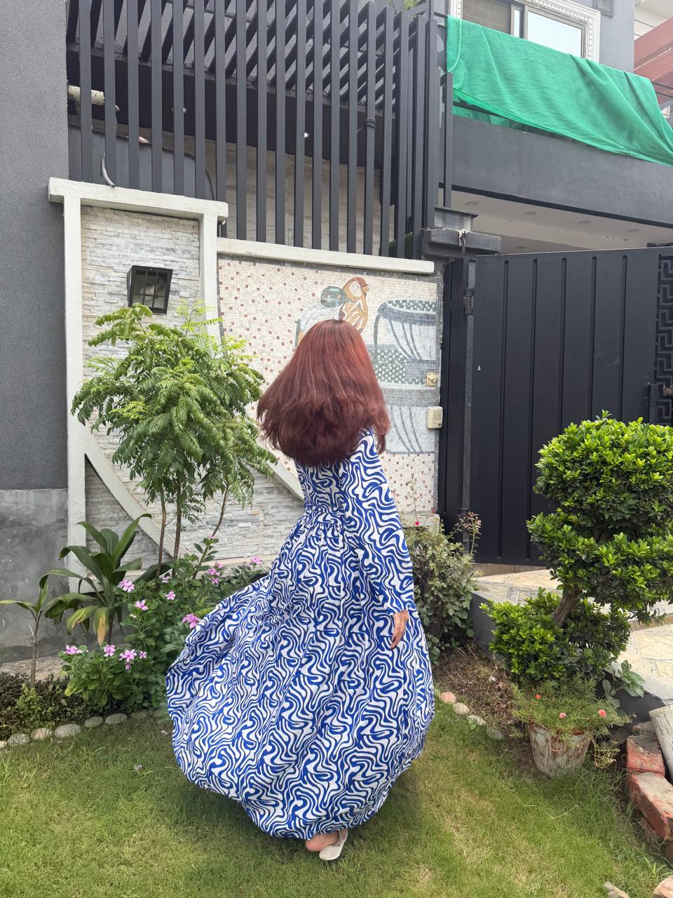 Blue & White Swirl Printed Long Frock – Collar Neck Maxi Dress