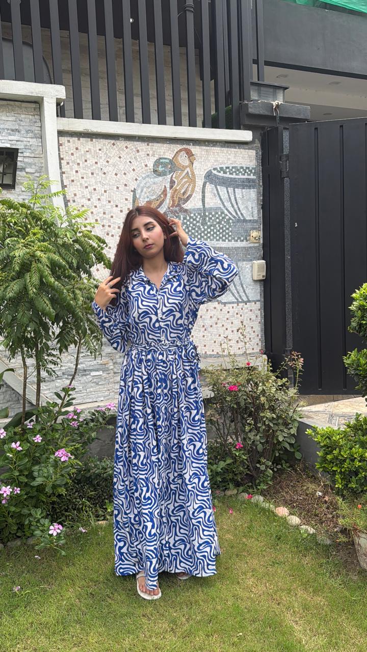 Blue & White Swirl Printed Long Frock – Collar Neck Maxi Dress