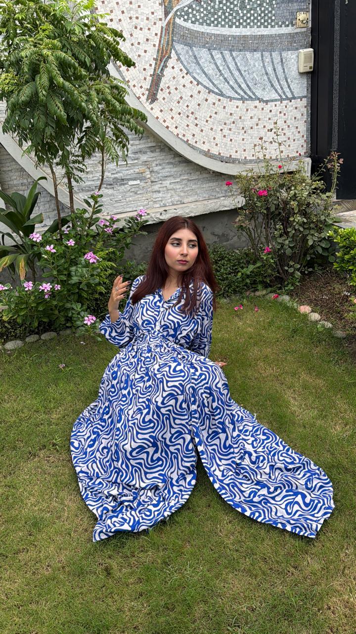 Blue & White Swirl Printed Long Frock – Collar Neck Maxi Dress
