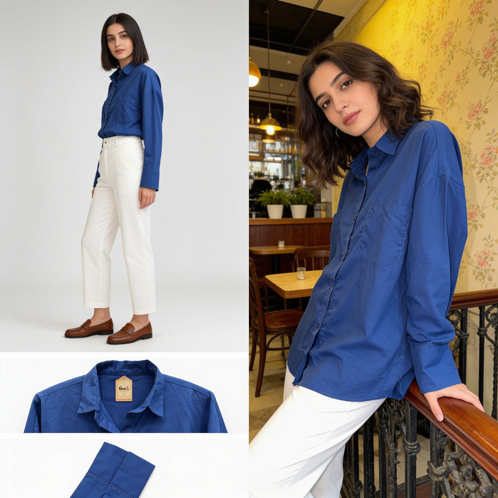 Relaxed Fit Blue Lawn Shirt for Women - Oversized Button-Down Casual Top