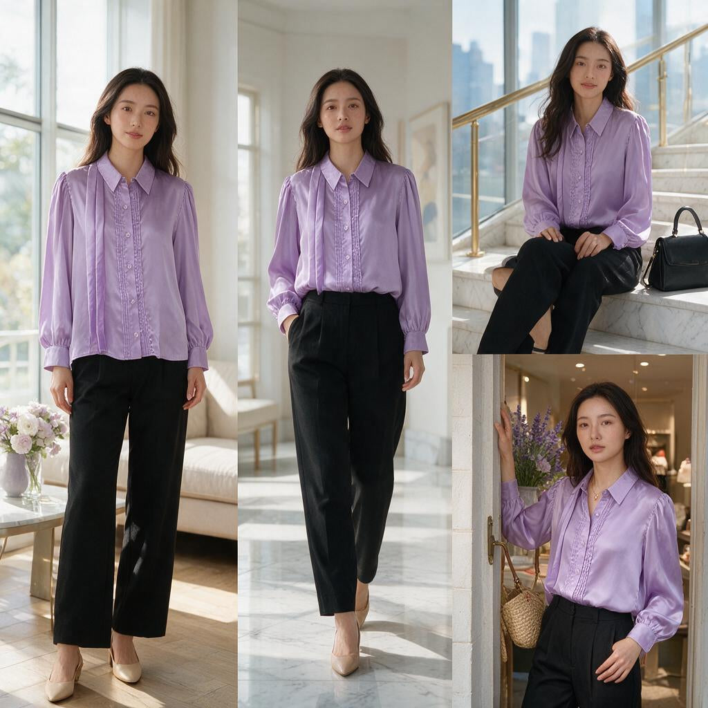 Elegant Lavender Pleated Satin Shirt for Women - Puff Sleeve Button-Down Top