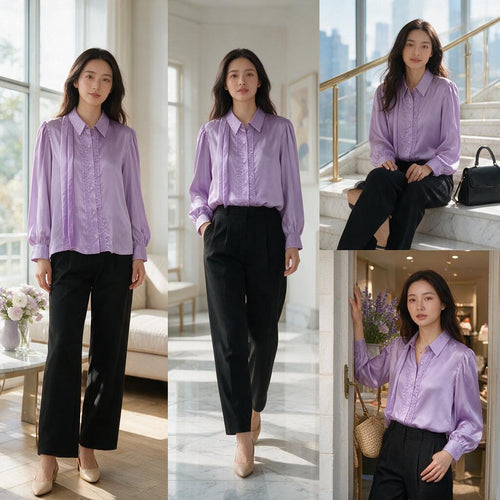 Elegant Lavender Pleated Satin Shirt for Women - Puff Sleeve Button-Down Top