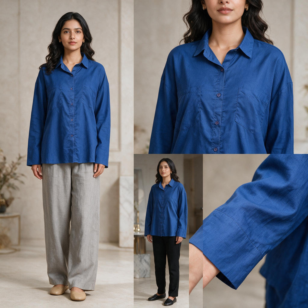 Relaxed Fit Blue Lawn Shirt for Women - Oversized Button-Down Casual Top