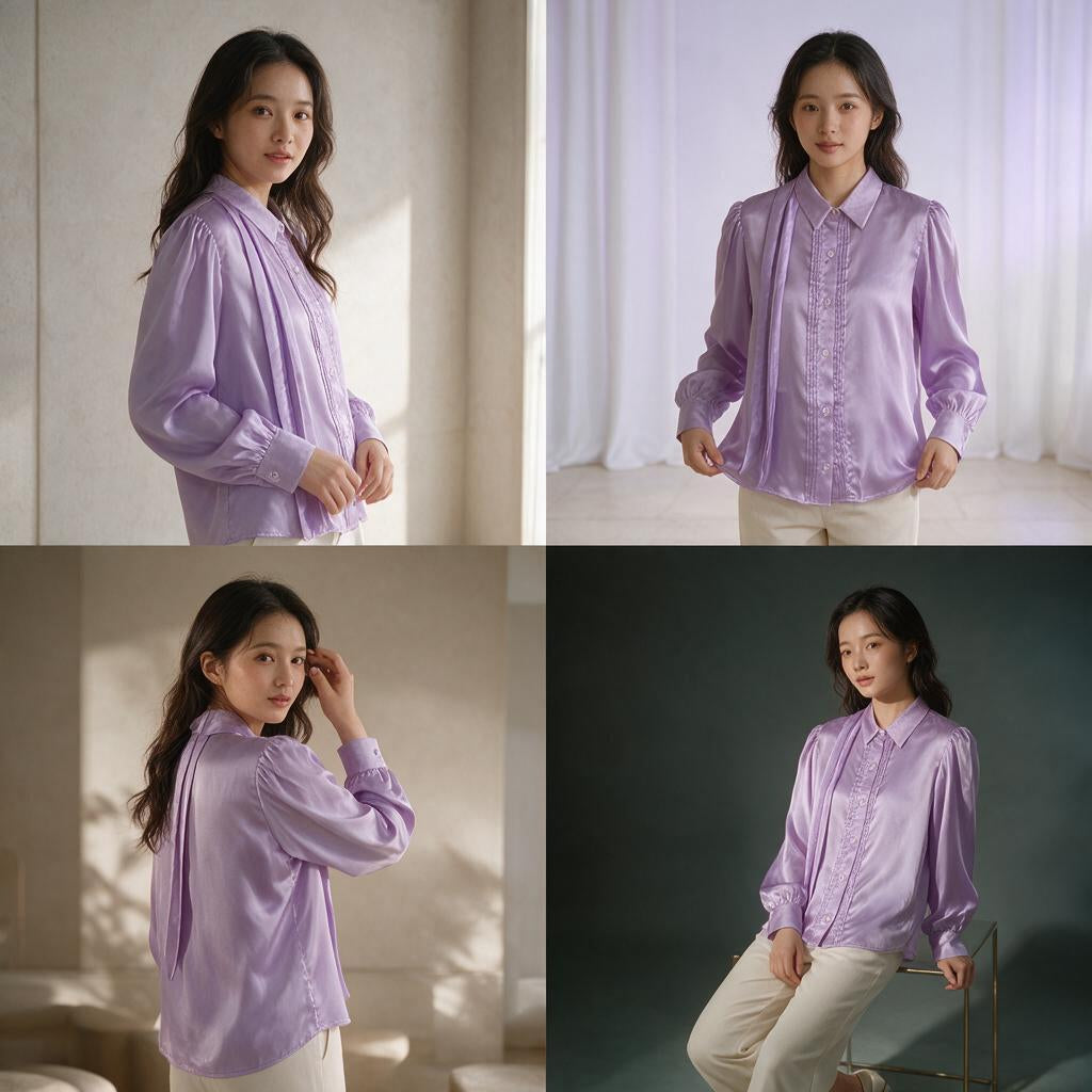 Elegant Lavender Pleated Satin Shirt for Women - Puff Sleeve Button-Down Top