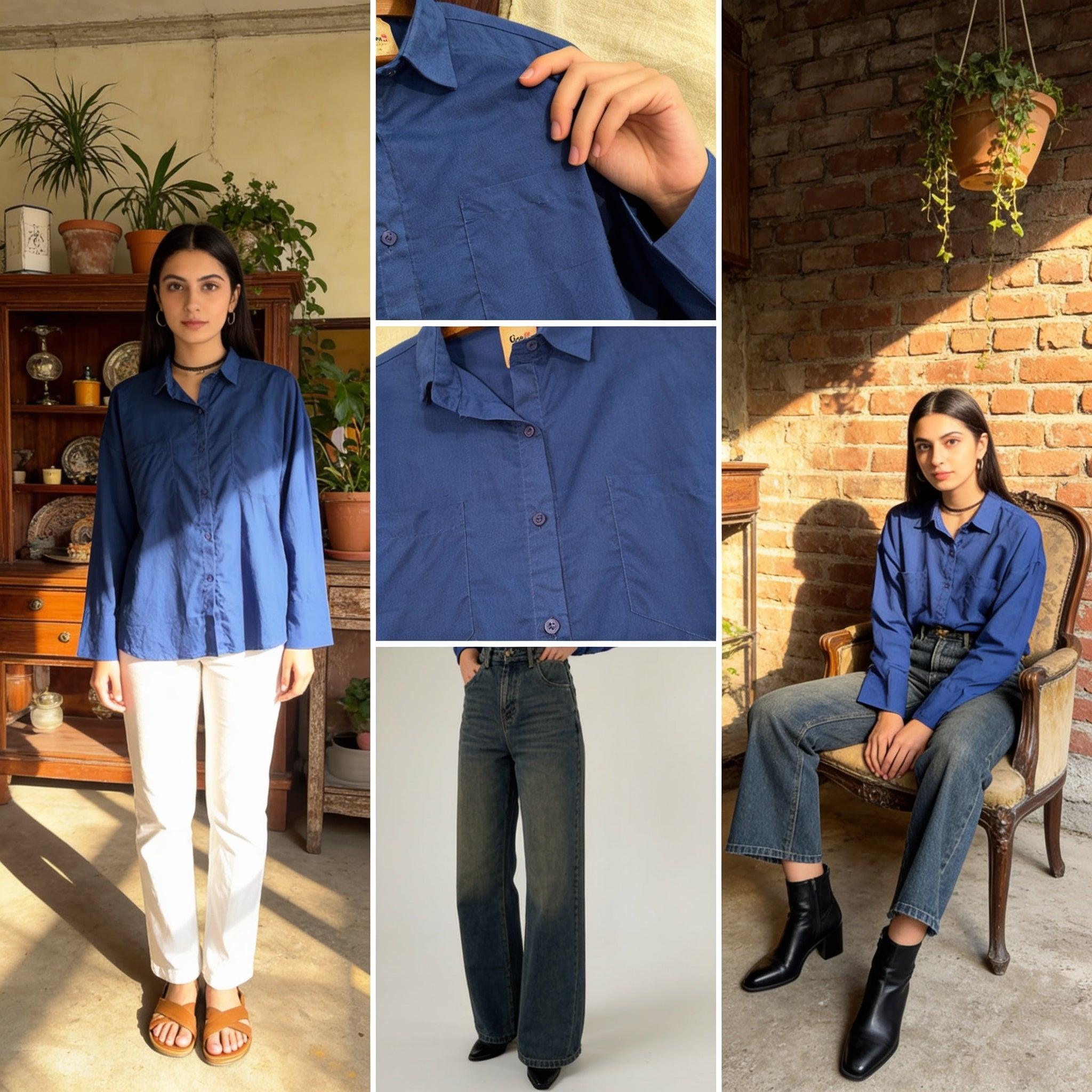 Relaxed Fit Blue Lawn Shirt for Women - Oversized Button-Down Casual Top
