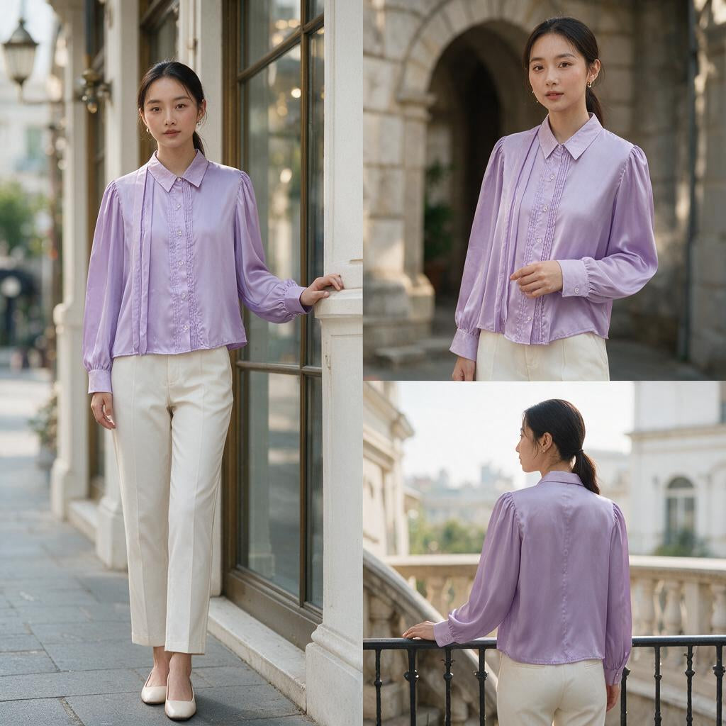 Elegant Lavender Pleated Satin Shirt for Women - Puff Sleeve Button-Down Top