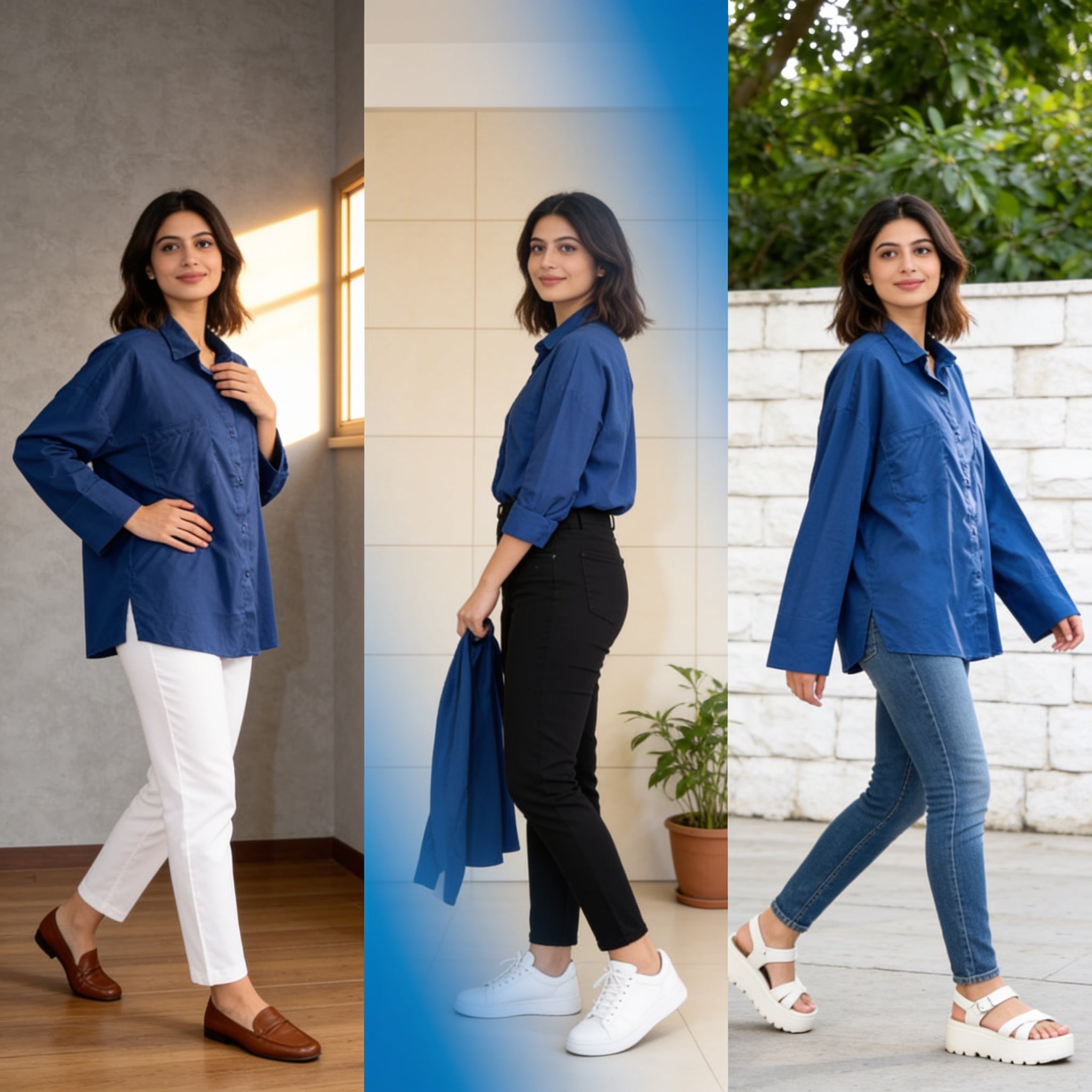 Relaxed Fit Blue Lawn Shirt for Women - Oversized Button-Down Casual Top