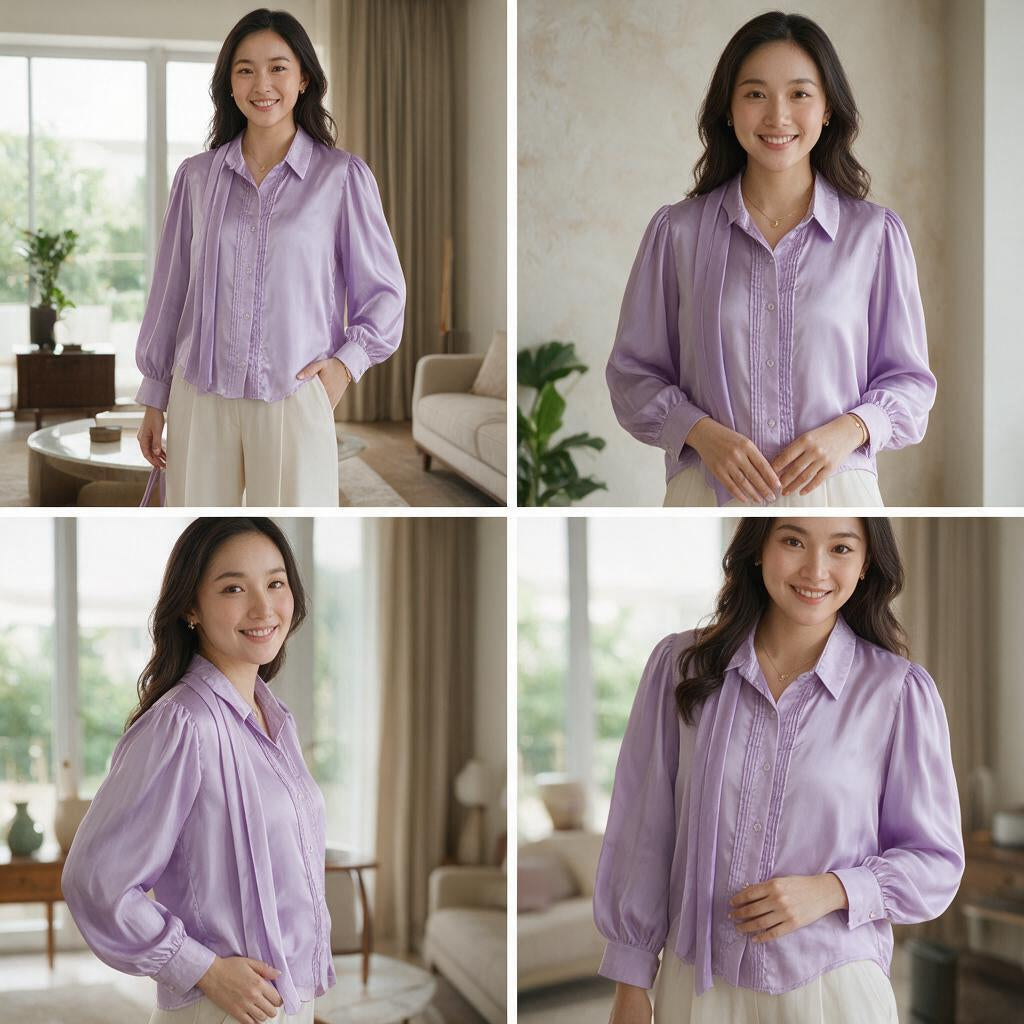 Elegant Lavender Pleated Satin Shirt for Women - Puff Sleeve Button-Down Top