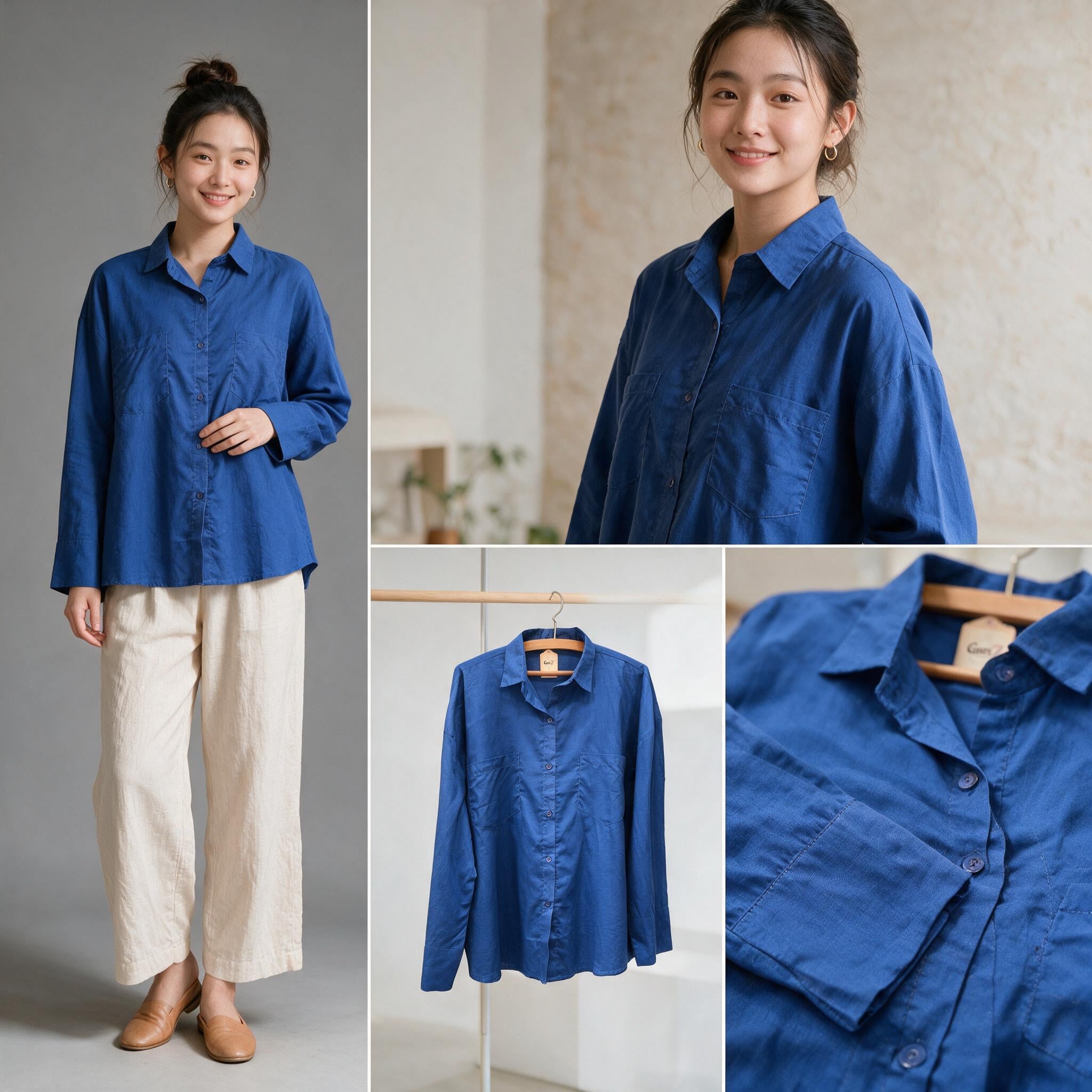Relaxed Fit Blue Lawn Shirt for Women - Oversized Button-Down Casual Top