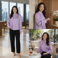 Elegant Lavender Pleated Satin Shirt for Women - Puff Sleeve Button-Down Top