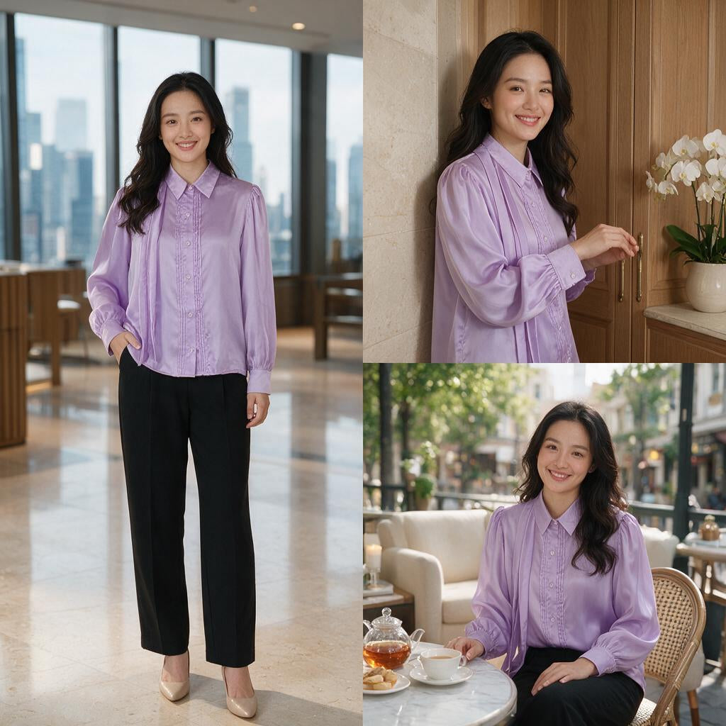 Elegant Lavender Pleated Satin Shirt for Women - Puff Sleeve Button-Down Top